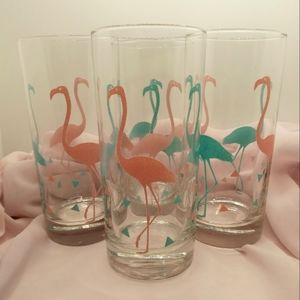 Set of 4 Vintage / Retro Libbey Pink and Blue Flamingo Glasses